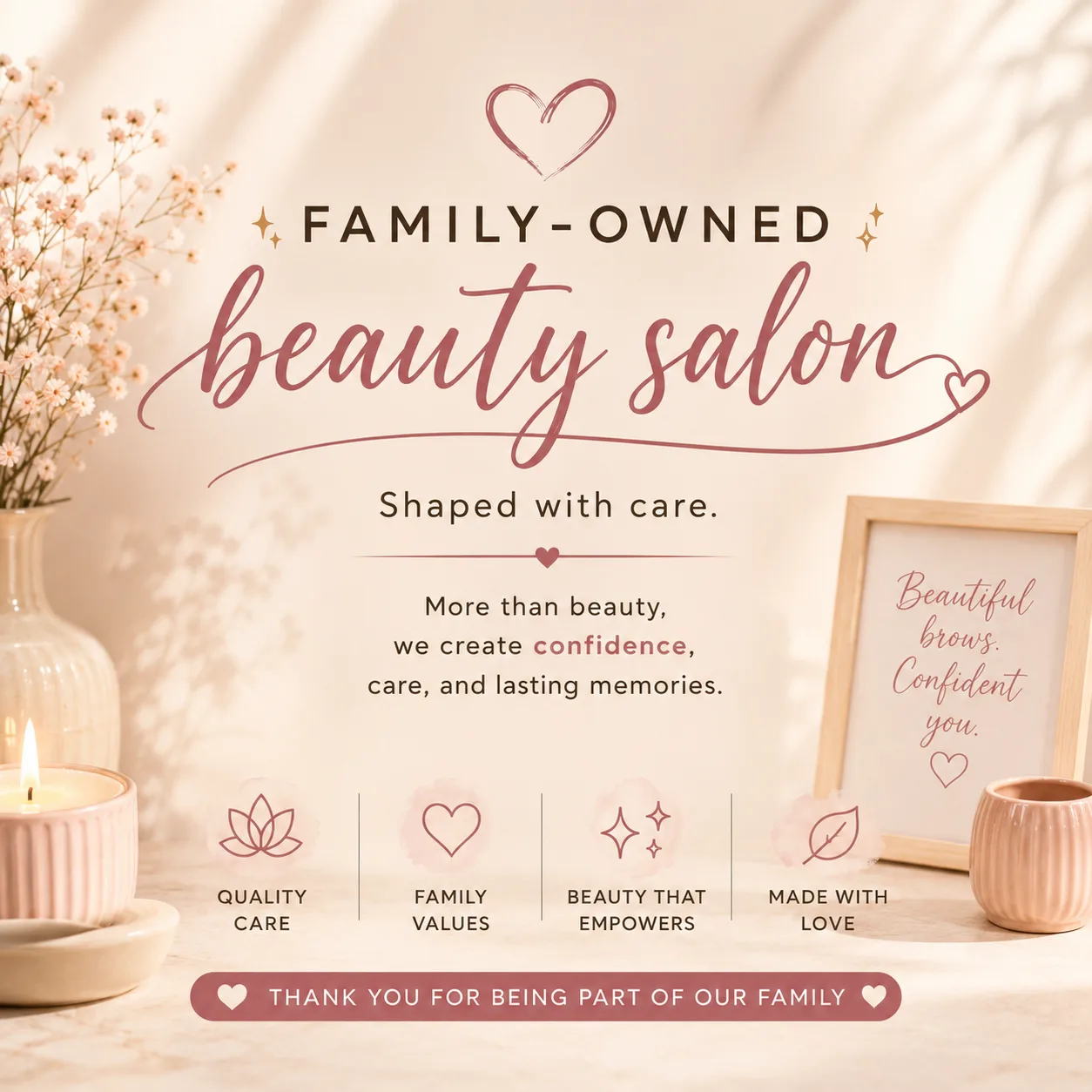 Family-owned Bollywood Brow beauty salon message with soft spa decor